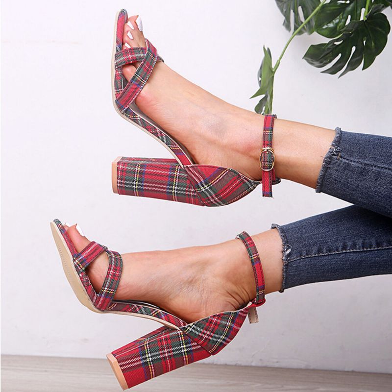 Femmes Plaid Cross Strap Treillis Décor Boucle Sandales À Talons Hauts