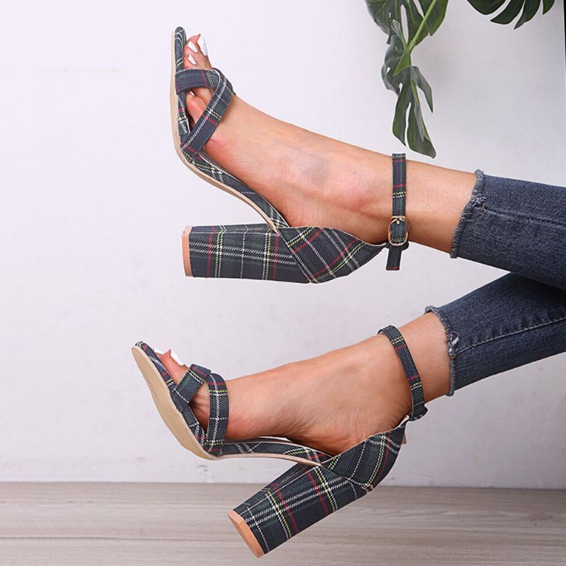 Femmes Plaid Cross Strap Treillis Décor Boucle Sandales À Talons Hauts