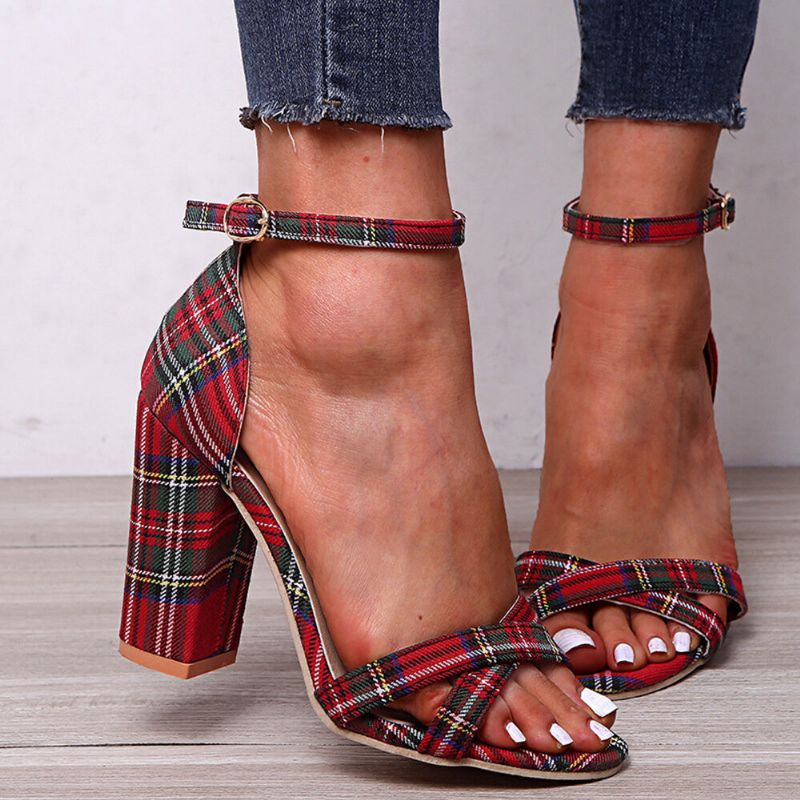 Femmes Plaid Cross Strap Treillis Décor Boucle Sandales À Talons Hauts