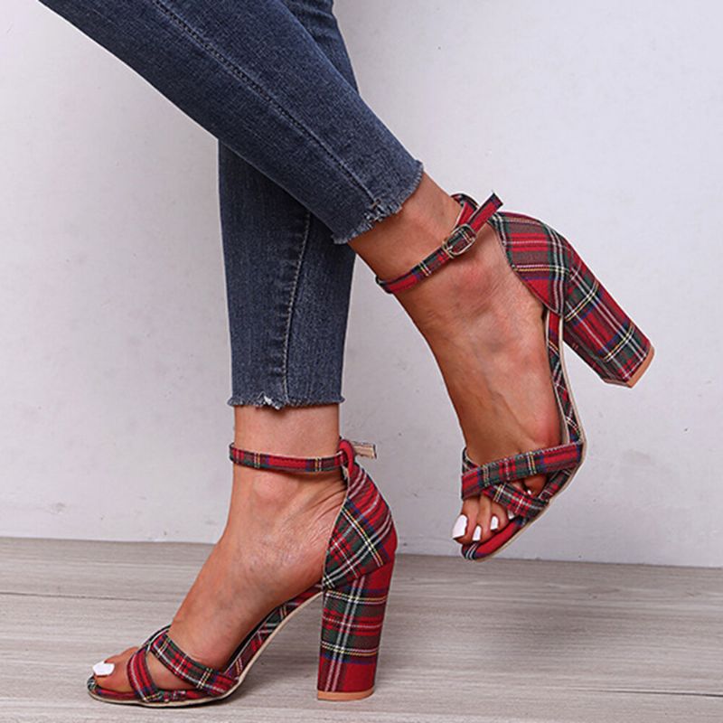 Femmes Plaid Cross Strap Treillis Décor Boucle Sandales À Talons Hauts