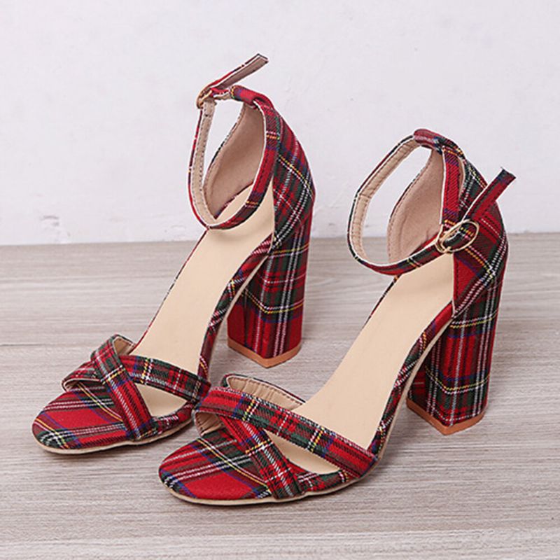 Femmes Plaid Cross Strap Treillis Décor Boucle Sandales À Talons Hauts