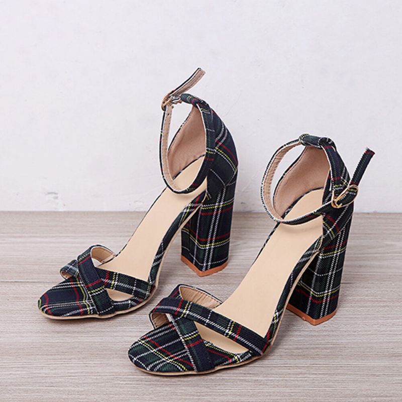 Femmes Plaid Cross Strap Treillis Décor Boucle Sandales À Talons Hauts