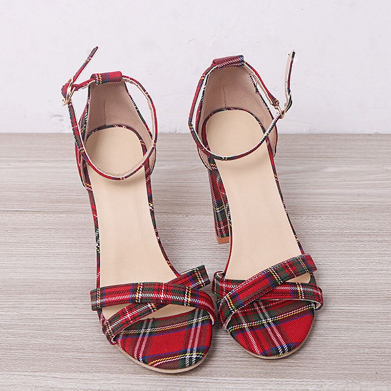 Femmes Plaid Cross Strap Treillis Décor Boucle Sandales À Talons Hauts