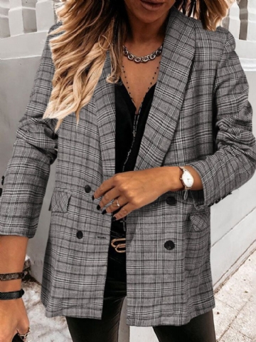 Femmes Plaid Double Boutonnage Revers Décontracté Manches Longues Mince Blazers