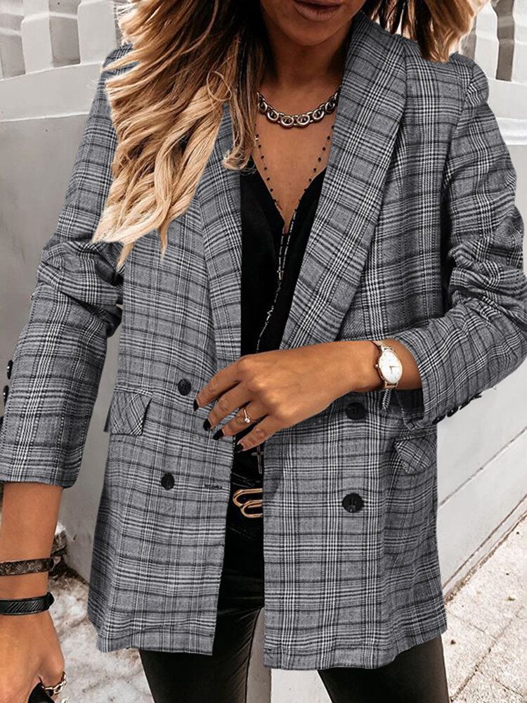 Femmes Plaid Double Boutonnage Revers Décontracté Manches Longues Mince Blazers