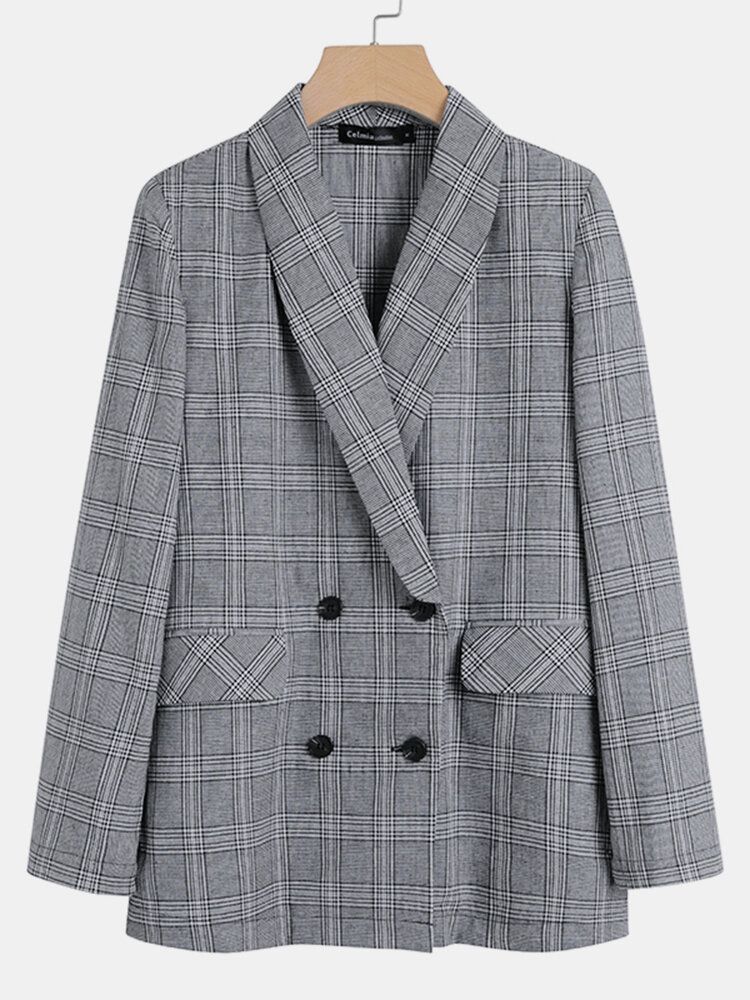 Femmes Plaid Double Boutonnage Revers Décontracté Manches Longues Mince Blazers