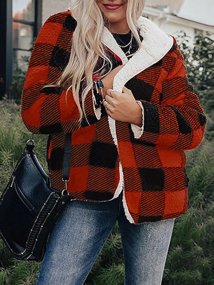 Femmes Plaid Fleece Hood Long Sleeve Warm Casual Sweat À Capuche