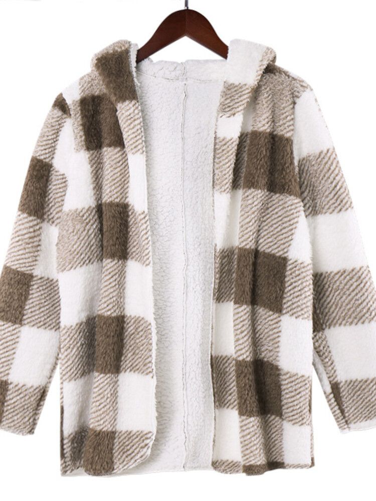 Femmes Plaid Fleece Hood Long Sleeve Warm Casual Sweat À Capuche