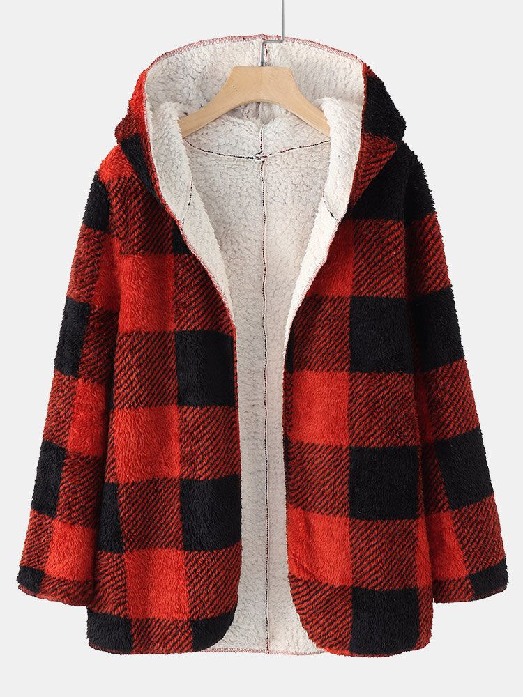 Femmes Plaid Fleece Hood Long Sleeve Warm Casual Sweat À Capuche