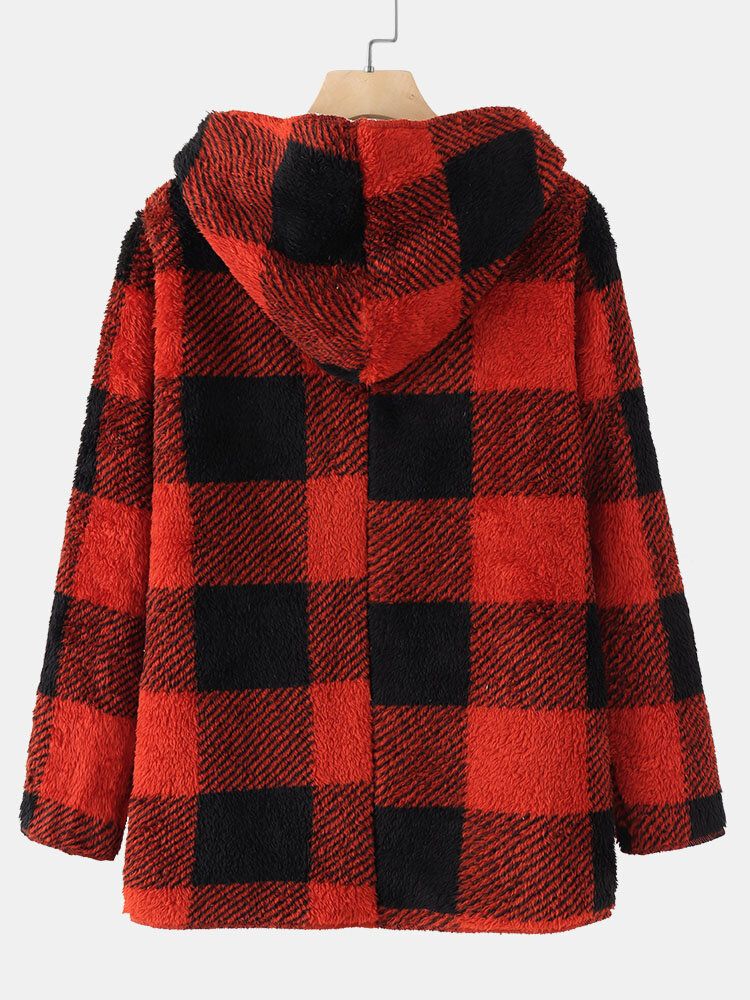 Femmes Plaid Fleece Hood Long Sleeve Warm Casual Sweat À Capuche