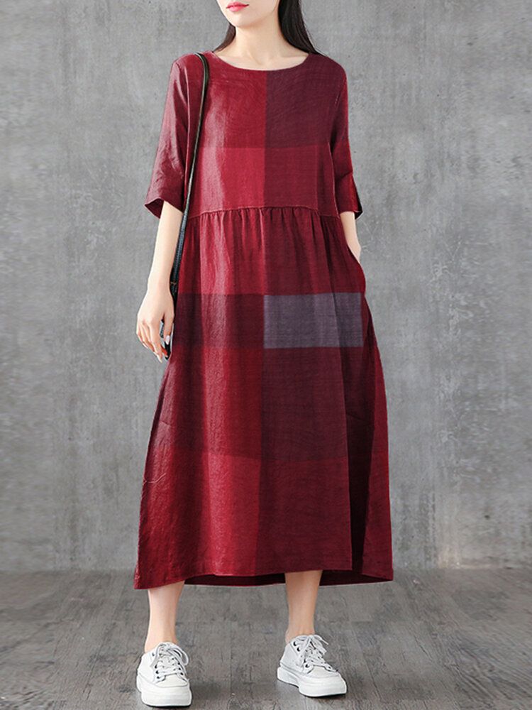 Femmes Plaid Imprimé Col Rond Demi Manches Casual Maxi Robes Avec Poche