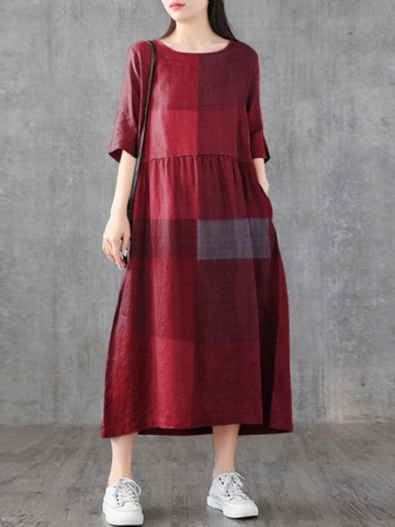 Femmes Plaid Imprimé Col Rond Demi Manches Casual Maxi Robes Avec Poche