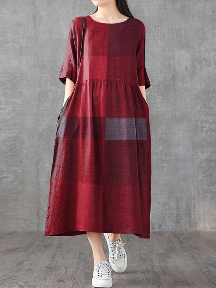 Femmes Plaid Imprimé Col Rond Demi Manches Casual Maxi Robes Avec Poche