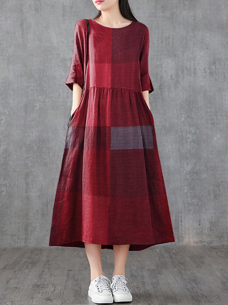 Femmes Plaid Imprimé Col Rond Demi Manches Casual Maxi Robes Avec Poche