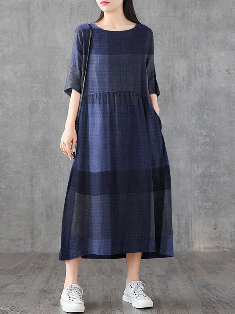 Femmes Plaid Imprimé Col Rond Demi Manches Casual Maxi Robes Avec Poche