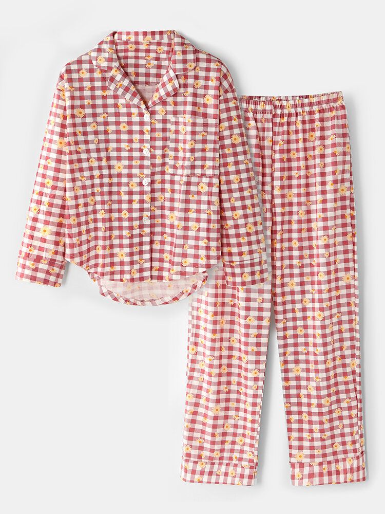 Femmes Plaid Imprimé Floral Col Revere Chemise Taille Élastique Poche Lâche Pantalon Pyjama Ensemble