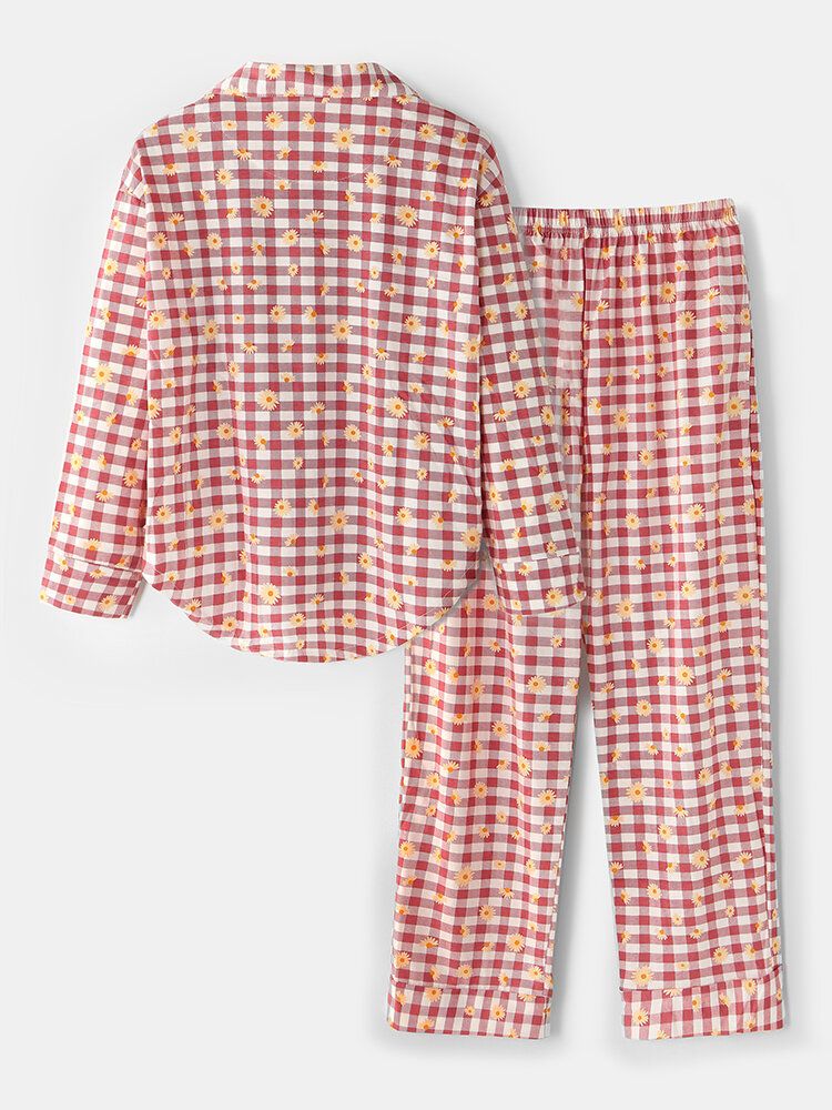 Femmes Plaid Imprimé Floral Col Revere Chemise Taille Élastique Poche Lâche Pantalon Pyjama Ensemble