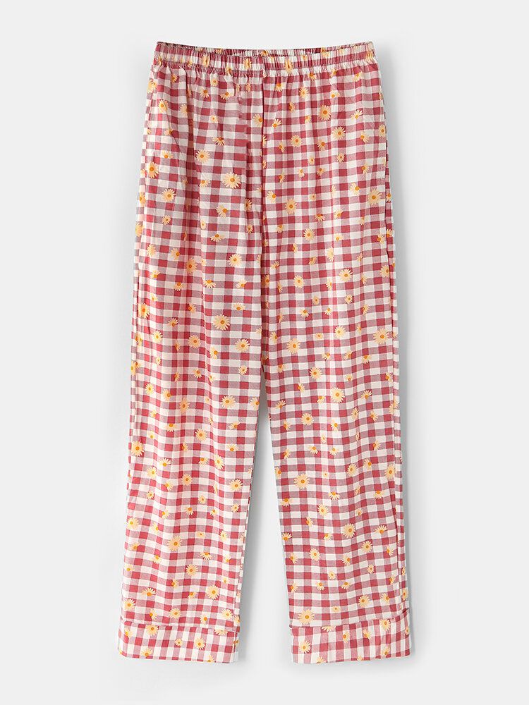 Femmes Plaid Imprimé Floral Col Revere Chemise Taille Élastique Poche Lâche Pantalon Pyjama Ensemble