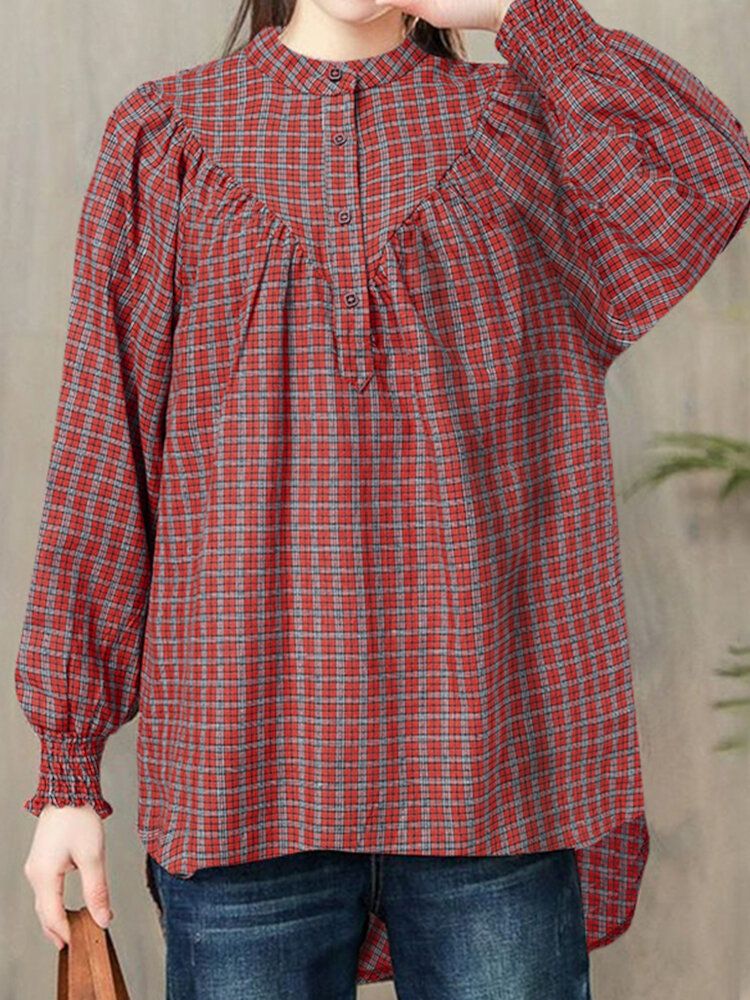 Femmes Plaid Imprimé O-cou Bouton Poignets Élastiques Blouses Décontractées