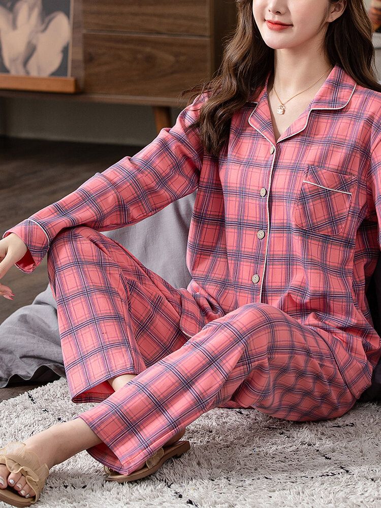 Femmes Plaid Imprimé Revere Col Poitrine Poche Chemise Taille Élastique Pantalon Deux Pièces Pyjama Ensemble