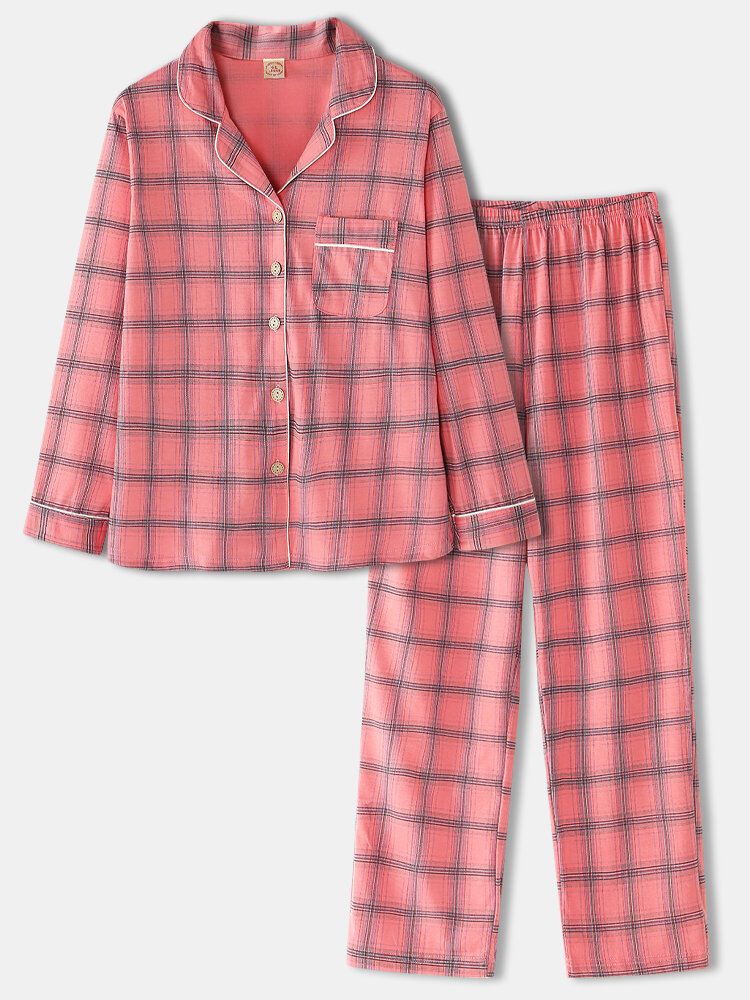 Femmes Plaid Imprimé Revere Col Poitrine Poche Chemise Taille Élastique Pantalon Deux Pièces Pyjama Ensemble