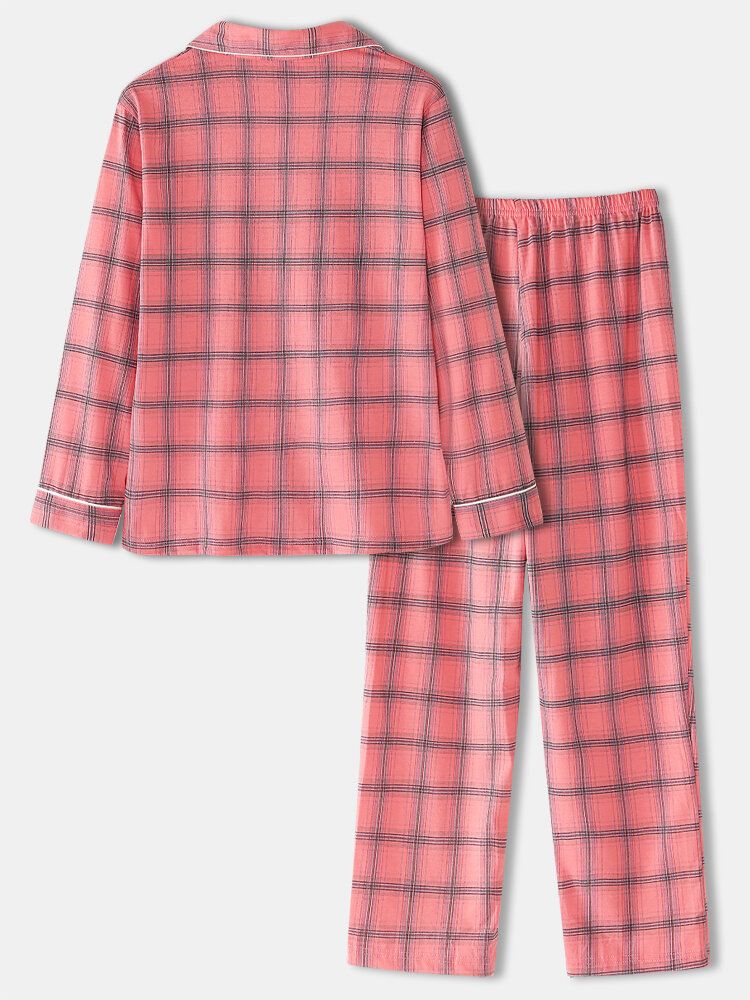 Femmes Plaid Imprimé Revere Col Poitrine Poche Chemise Taille Élastique Pantalon Deux Pièces Pyjama Ensemble