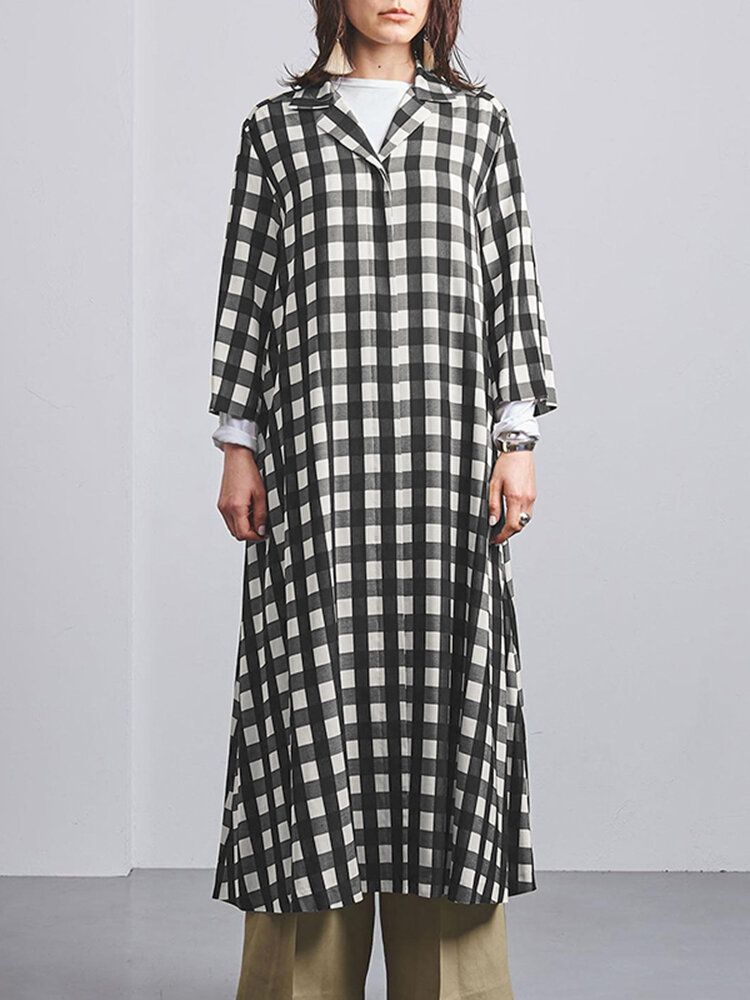 Femmes Plaid Imprimé Revers Manches Longues Casual Maxi Chemises Robes Avec Poche