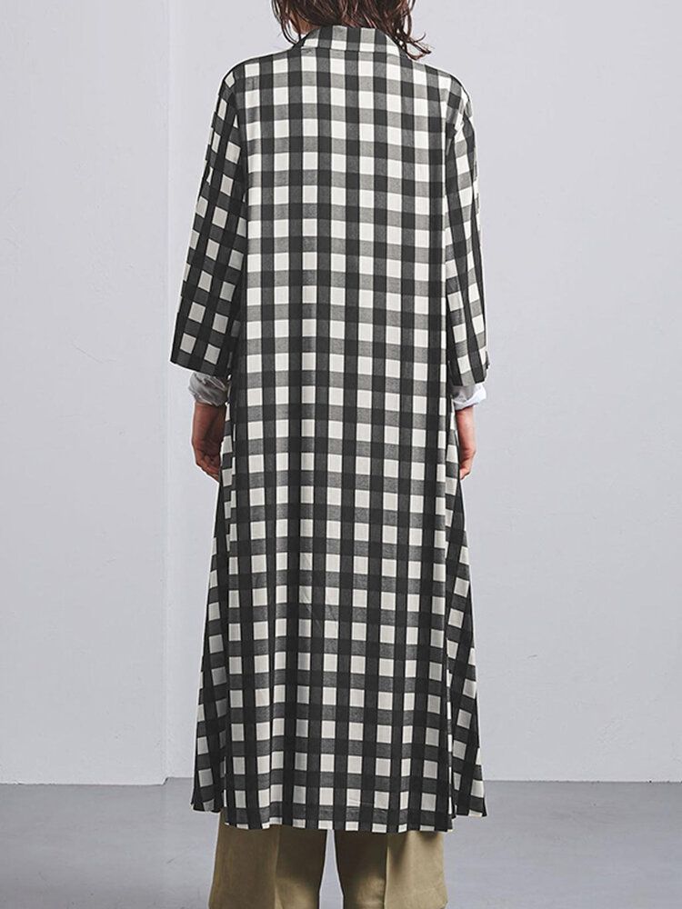 Femmes Plaid Imprimé Revers Manches Longues Casual Maxi Chemises Robes Avec Poche