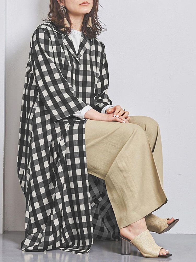 Femmes Plaid Imprimé Revers Manches Longues Casual Maxi Chemises Robes Avec Poche