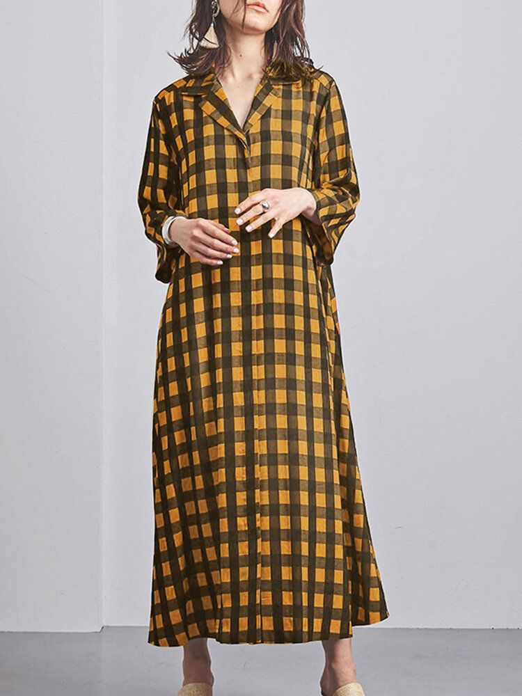 Femmes Plaid Imprimé Revers Manches Longues Casual Maxi Chemises Robes Avec Poche