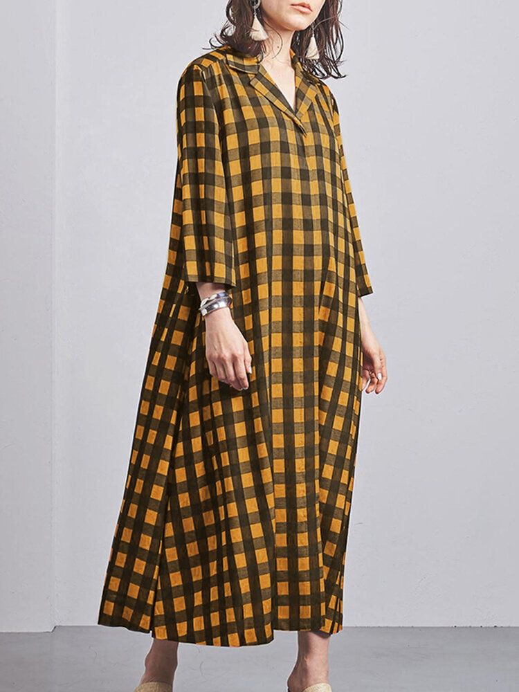 Femmes Plaid Imprimé Revers Manches Longues Casual Maxi Chemises Robes Avec Poche