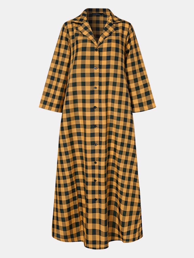 Femmes Plaid Imprimé Revers Manches Longues Casual Maxi Chemises Robes Avec Poche