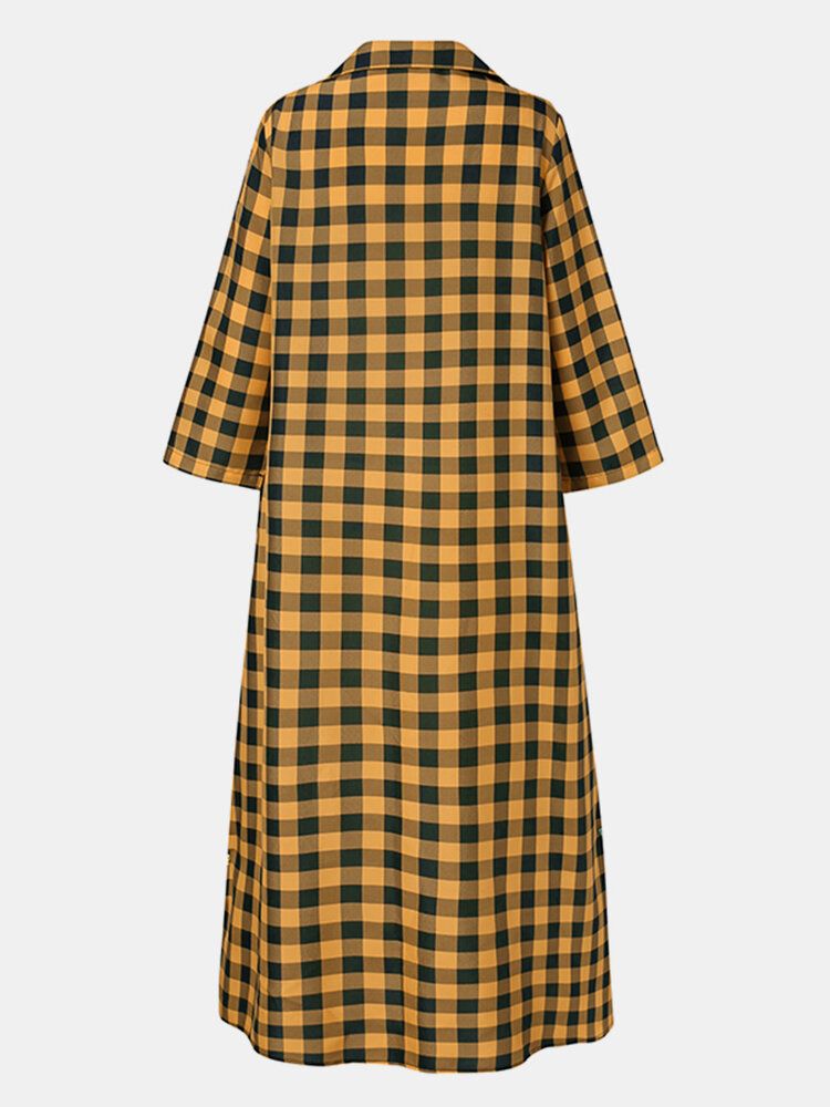 Femmes Plaid Imprimé Revers Manches Longues Casual Maxi Chemises Robes Avec Poche