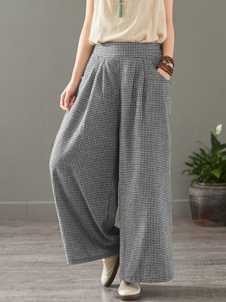 Femmes Plaid Imprimé Taille Élastique Vintage Casual Lâche Large Jambe Pantalon Avec Poches