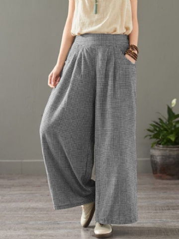 Femmes Plaid Imprimé Taille Élastique Vintage Casual Lâche Large Jambe Pantalon Avec Poches