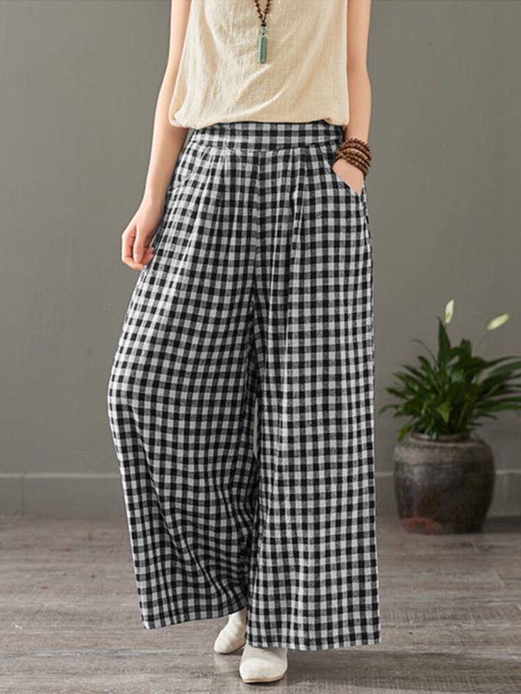 Femmes Plaid Imprimé Taille Élastique Vintage Casual Lâche Large Jambe Pantalon Avec Poches