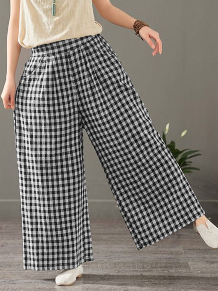 Femmes Plaid Imprimé Taille Élastique Vintage Casual Lâche Large Jambe Pantalon Avec Poches