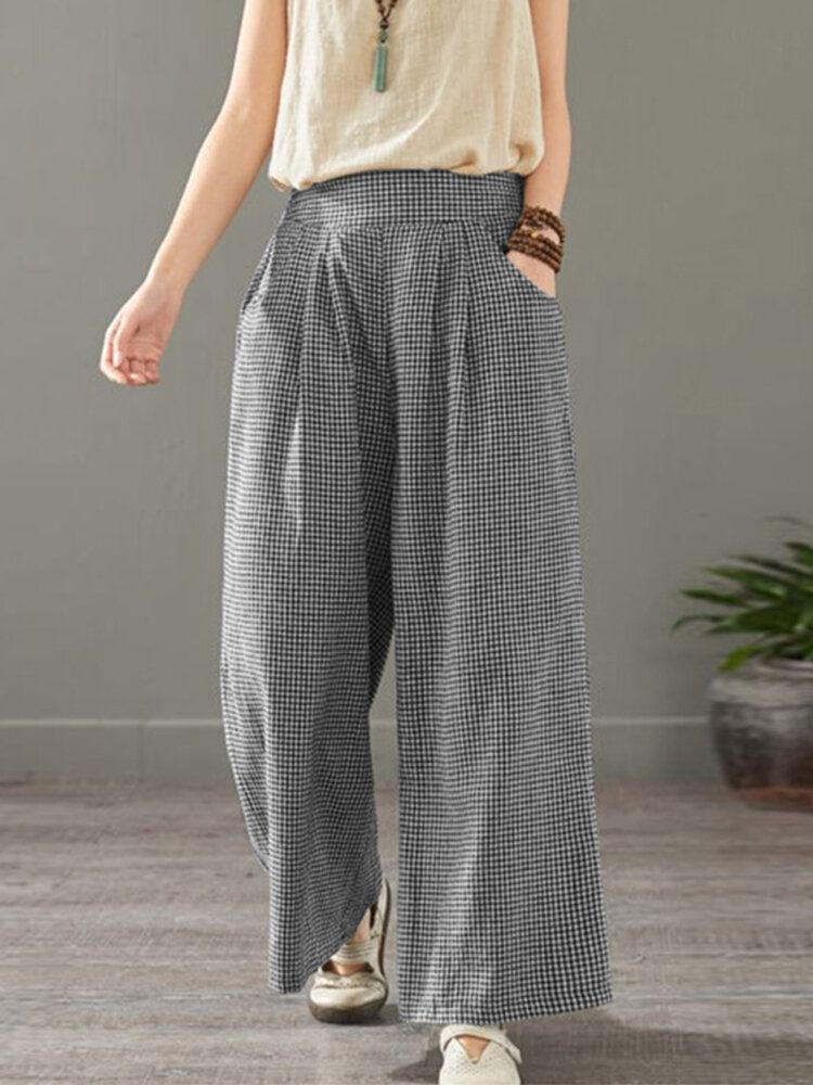 Femmes Plaid Imprimé Taille Élastique Vintage Casual Lâche Large Jambe Pantalon Avec Poches