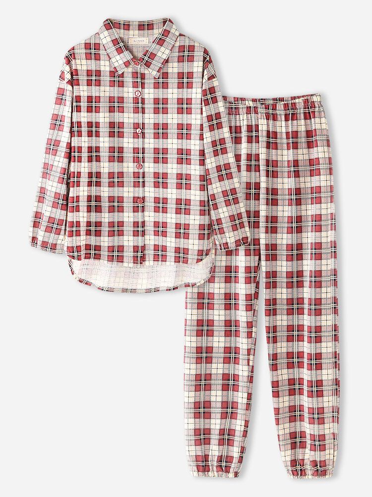 Femmes Plaid Imprimer Revers Haut-bas Ourlet Chemise Taille Élastique Pantalon Maison Pyjama Ensemble