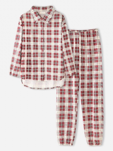 Femmes Plaid Imprimer Revers Haut-bas Ourlet Chemise Taille Élastique Pantalon Maison Pyjama Ensemble