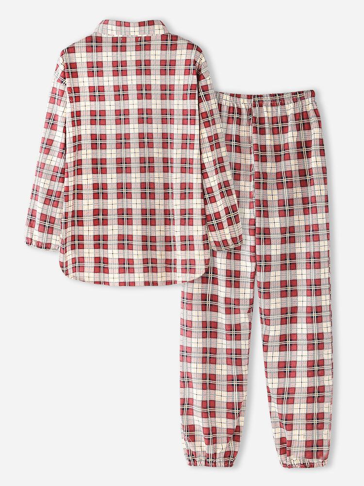 Femmes Plaid Imprimer Revers Haut-bas Ourlet Chemise Taille Élastique Pantalon Maison Pyjama Ensemble