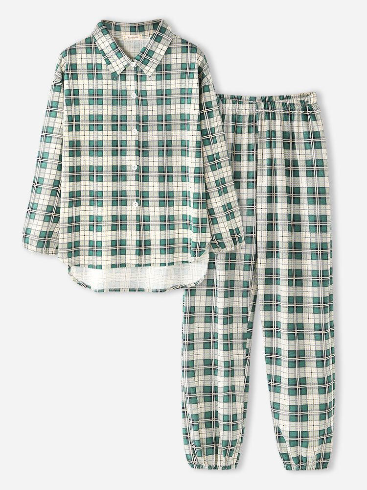 Femmes Plaid Imprimer Revers Haut-bas Ourlet Chemise Taille Élastique Pantalon Maison Pyjama Ensemble