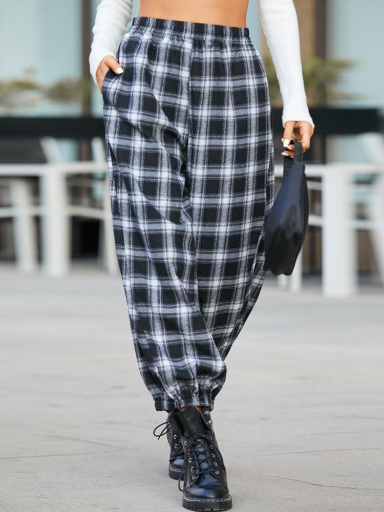 Femmes Plaid Imprimer Taille Élastique Lâche Élégant Faisceau Pieds Pantalon Sarouel Avec Poches