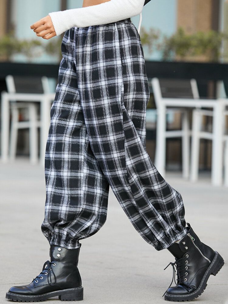 Femmes Plaid Imprimer Taille Élastique Lâche Élégant Faisceau Pieds Pantalon Sarouel Avec Poches