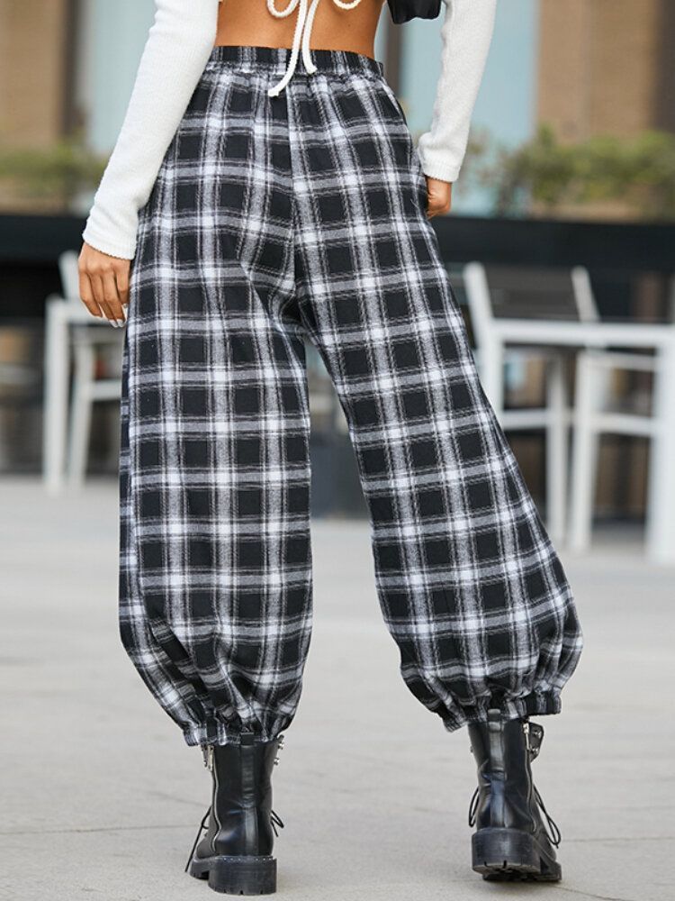 Femmes Plaid Imprimer Taille Élastique Lâche Élégant Faisceau Pieds Pantalon Sarouel Avec Poches