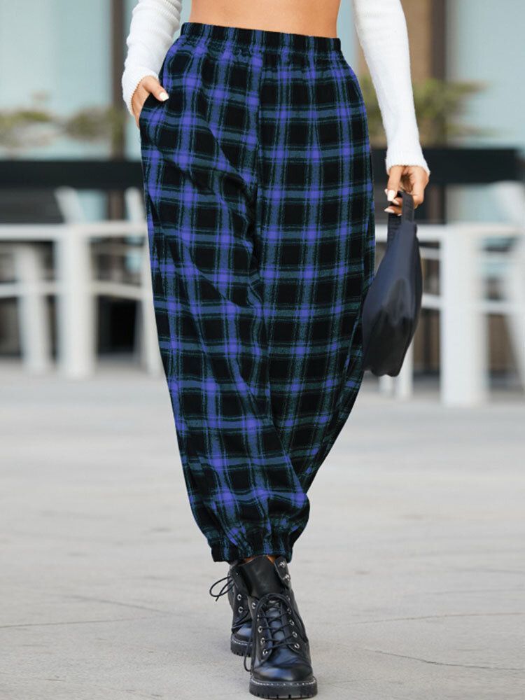 Femmes Plaid Imprimer Taille Élastique Lâche Élégant Faisceau Pieds Pantalon Sarouel Avec Poches