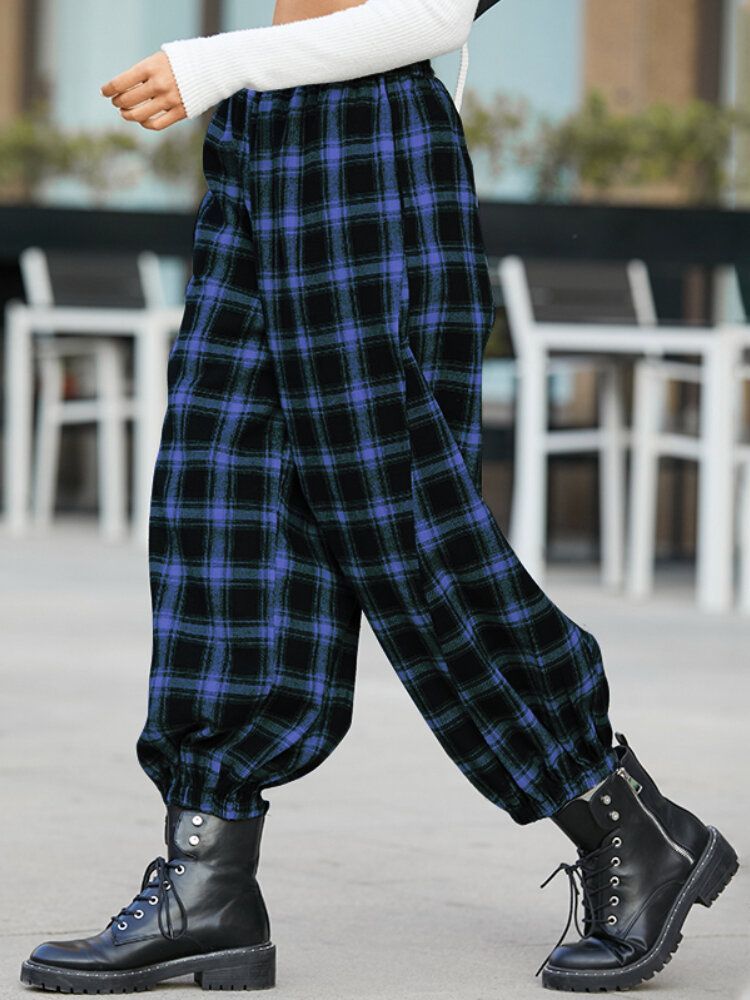 Femmes Plaid Imprimer Taille Élastique Lâche Élégant Faisceau Pieds Pantalon Sarouel Avec Poches