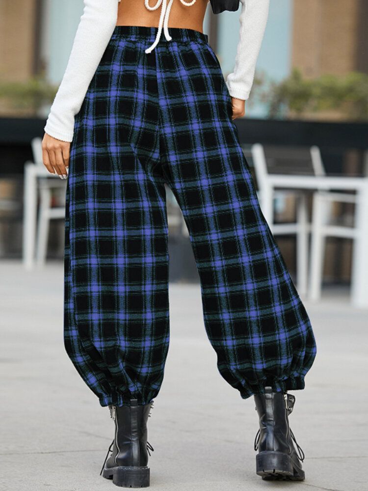 Femmes Plaid Imprimer Taille Élastique Lâche Élégant Faisceau Pieds Pantalon Sarouel Avec Poches