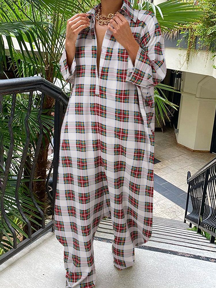 Femmes Plaid Pattern Long Revers Button Loose Casual Street Jumpsuits