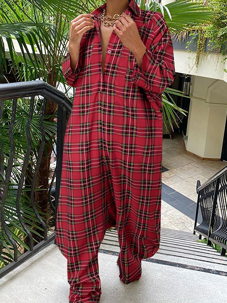 Femmes Plaid Pattern Long Revers Button Loose Casual Street Jumpsuits